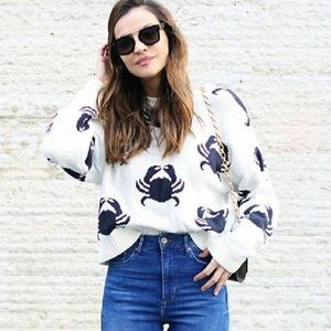 H&M White Sweater with Navy Crab Motif